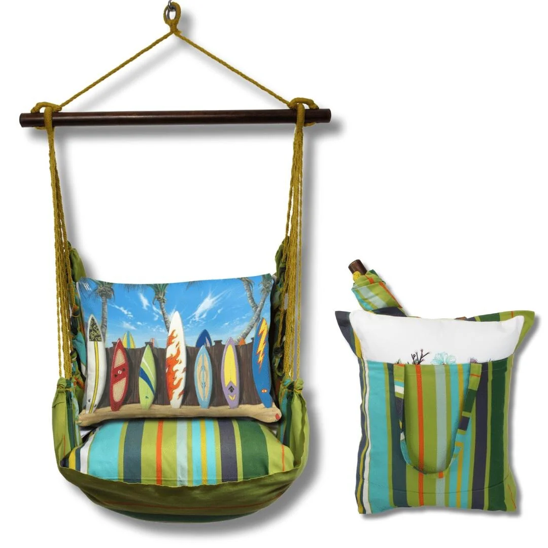 Magnolia Casual Swing Set 4 piece - Citrus Stripe w/ Surf Boards on Fence