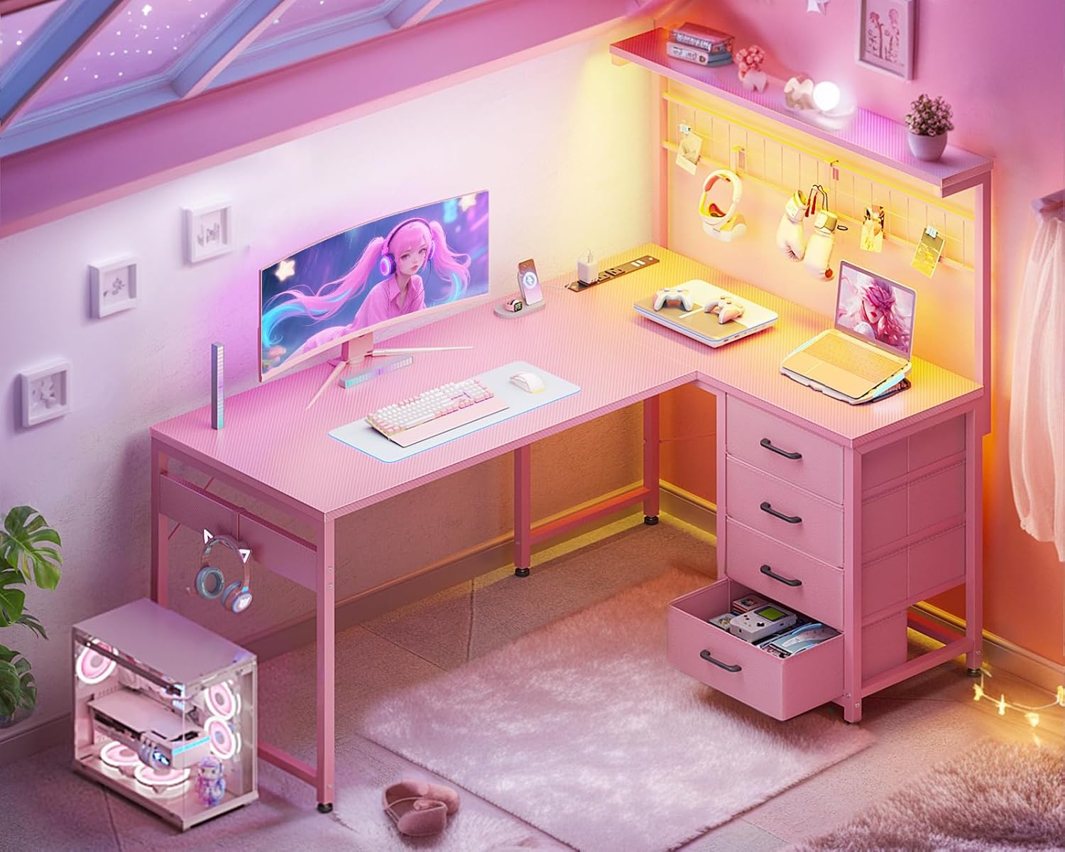 MOTPK L Shaped Gaming Desk with Drawers & LED Light & Power Outlet, 43 Reversible Computer Table with Shelves & Hooks for Home Office, Carbon Fiber Pink