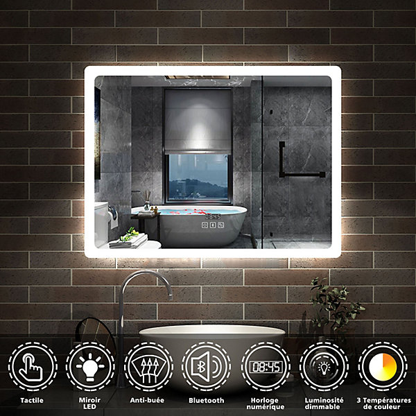 Miroir Bluetooth 70x50 cm, tricolore   horloge   mémoire   dimmable   anti-buée, miroir LED étanche IP44, AICA SANITAIRE