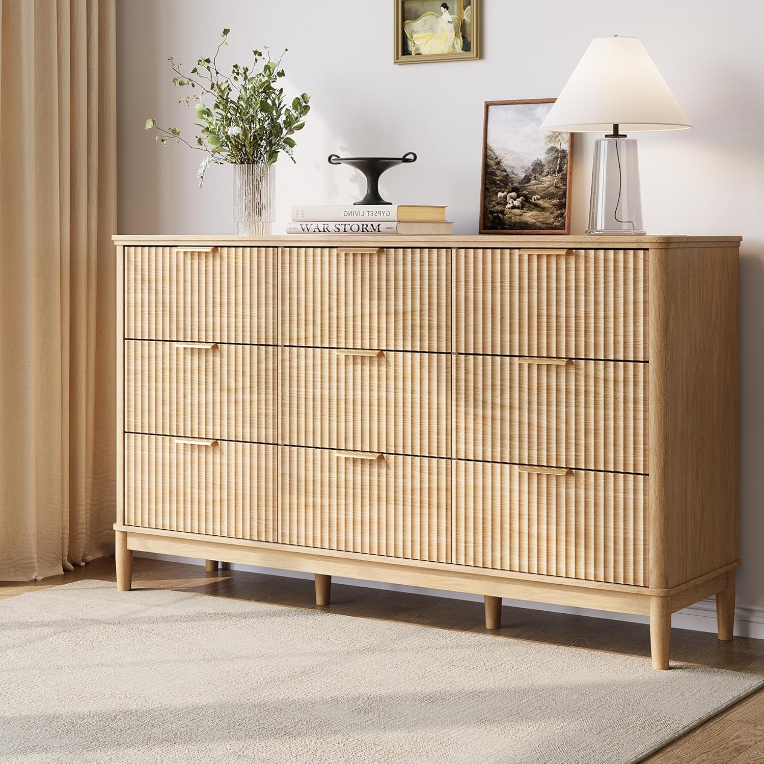 LINSY HOME Fluted Dresser for Bedroom with 9 Drawers, 58 Wide Mid Century Modern Dresser, Tall Boho Chest of Drawers, Large Wood Accent Storage Cabinet for Living Room, Curved Profile Design, Oak