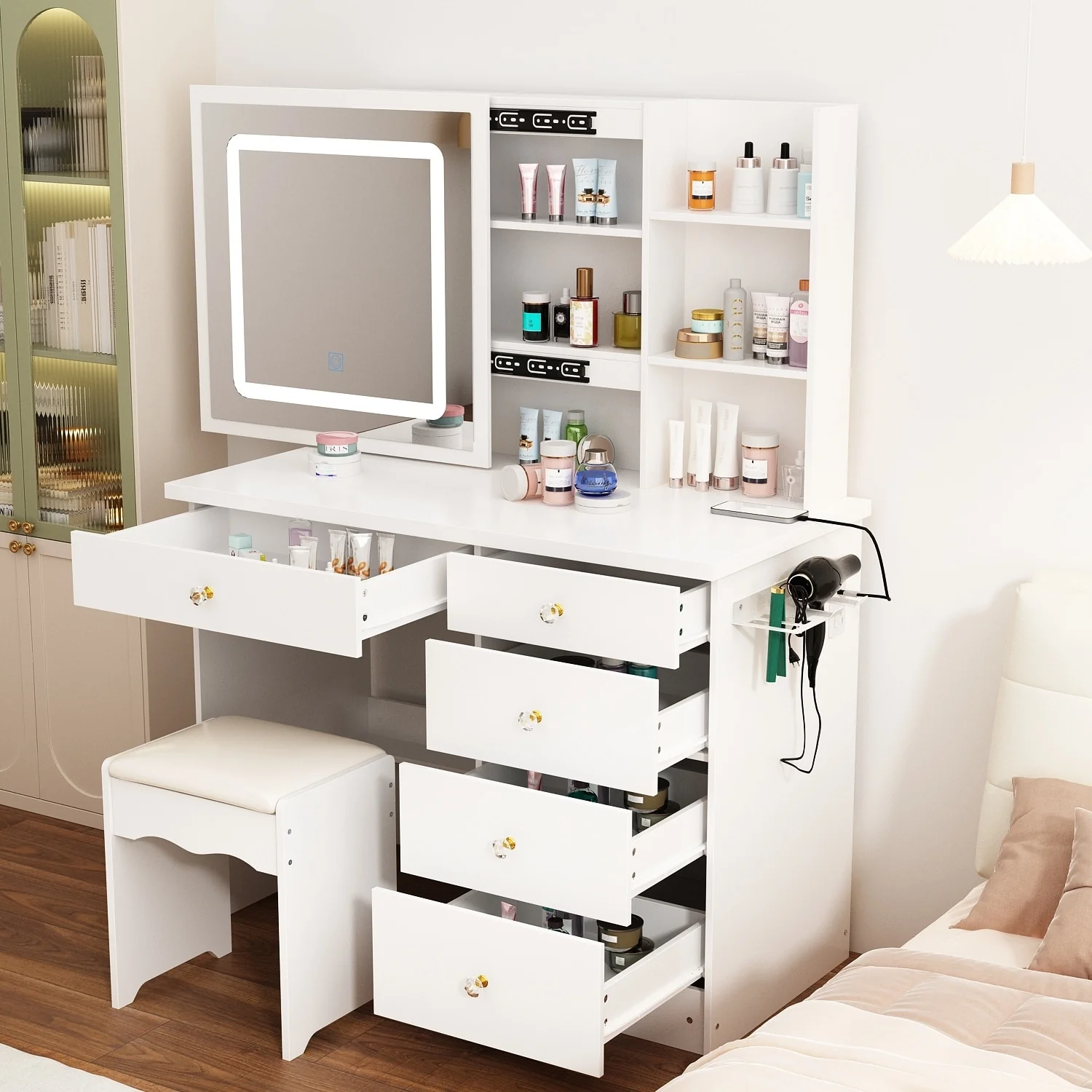 Upgrate Vanity Desk w/Mirror and Lights,Makeup Vanity w/Bracket Outlet