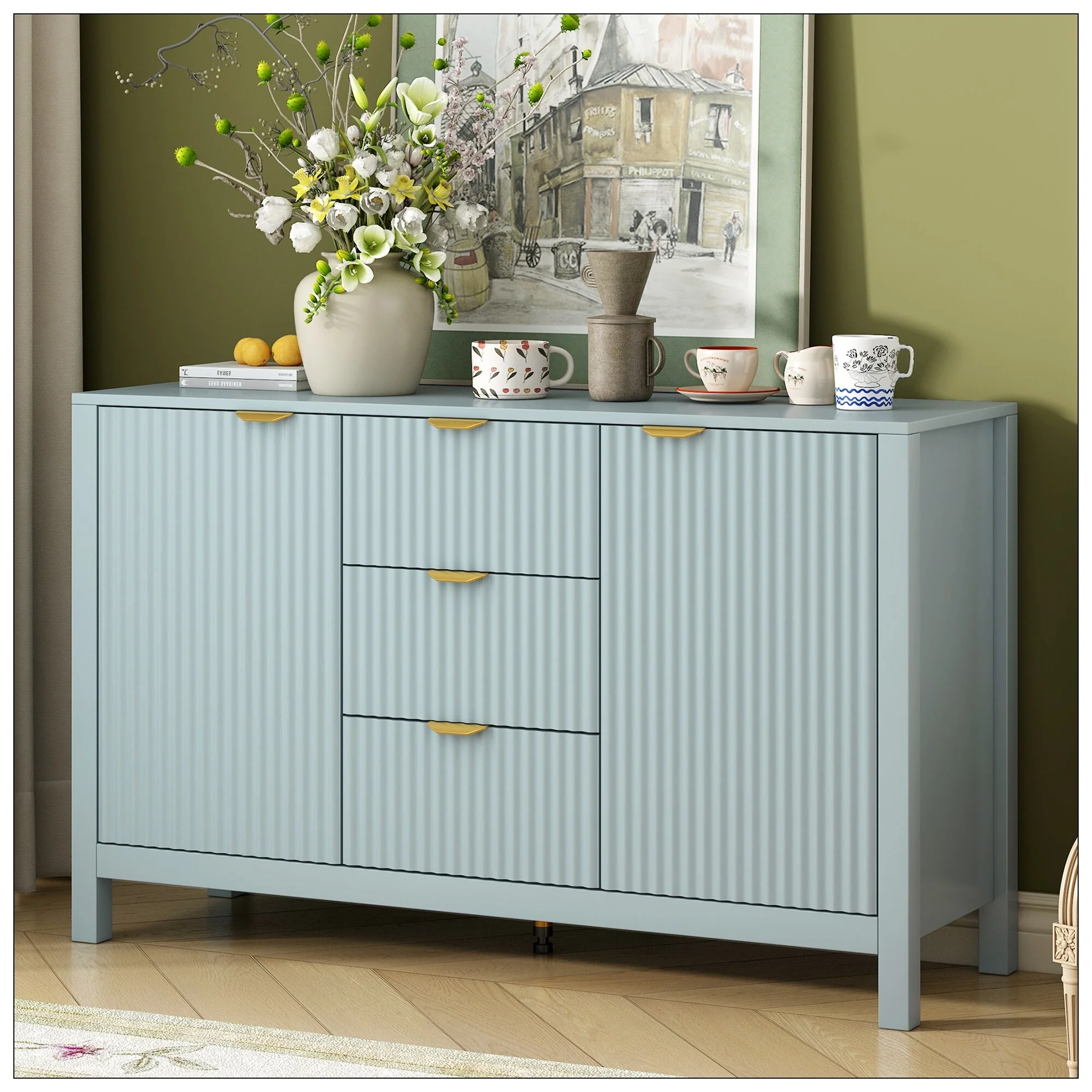 Entryway Cabinet with Wave Design with 3 Adjustable Shelves