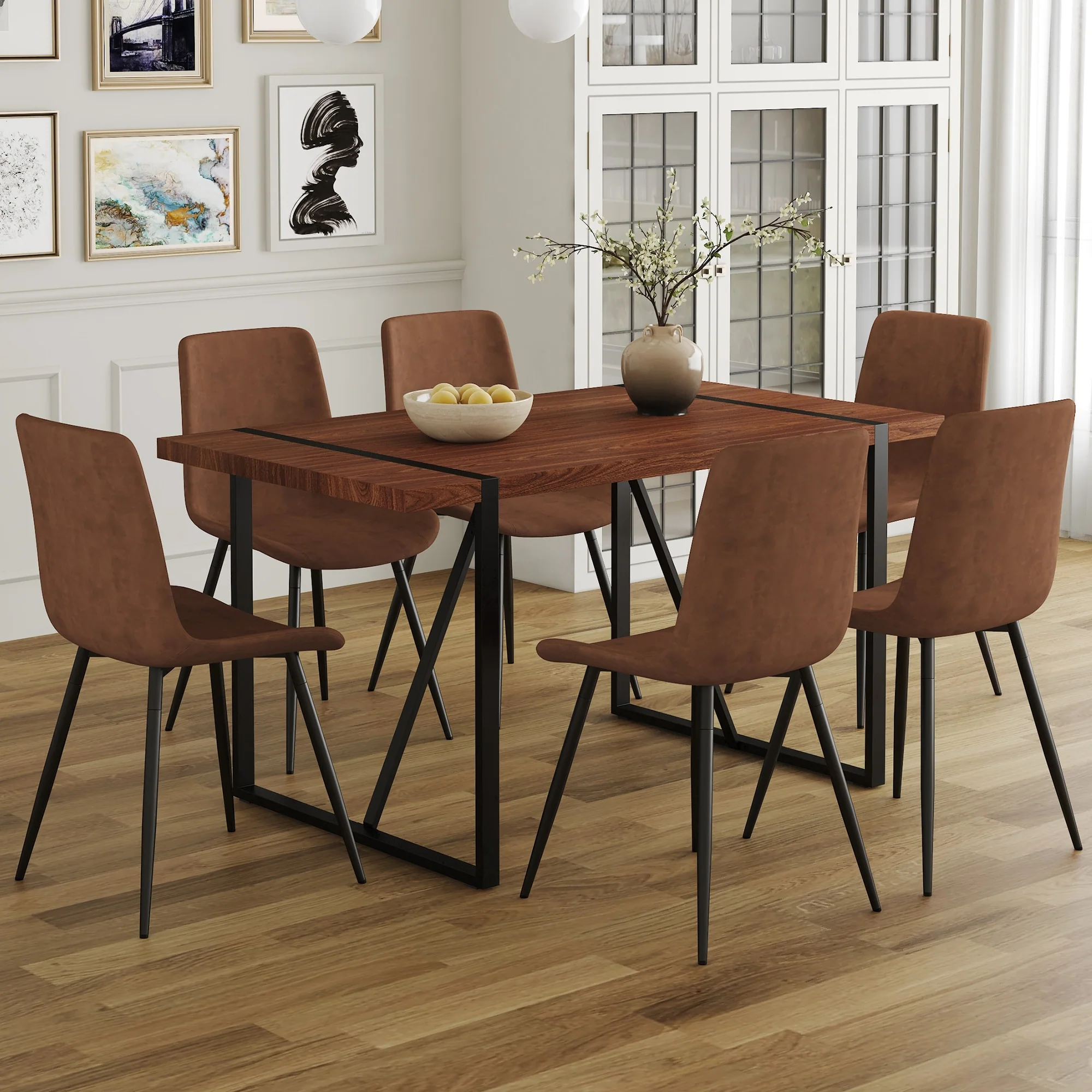 Modern Dining Table Set with Rectangular Wood Textured Top and Upholstered Dining Chairs