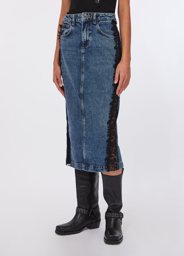 Longuette in denim con pizzo