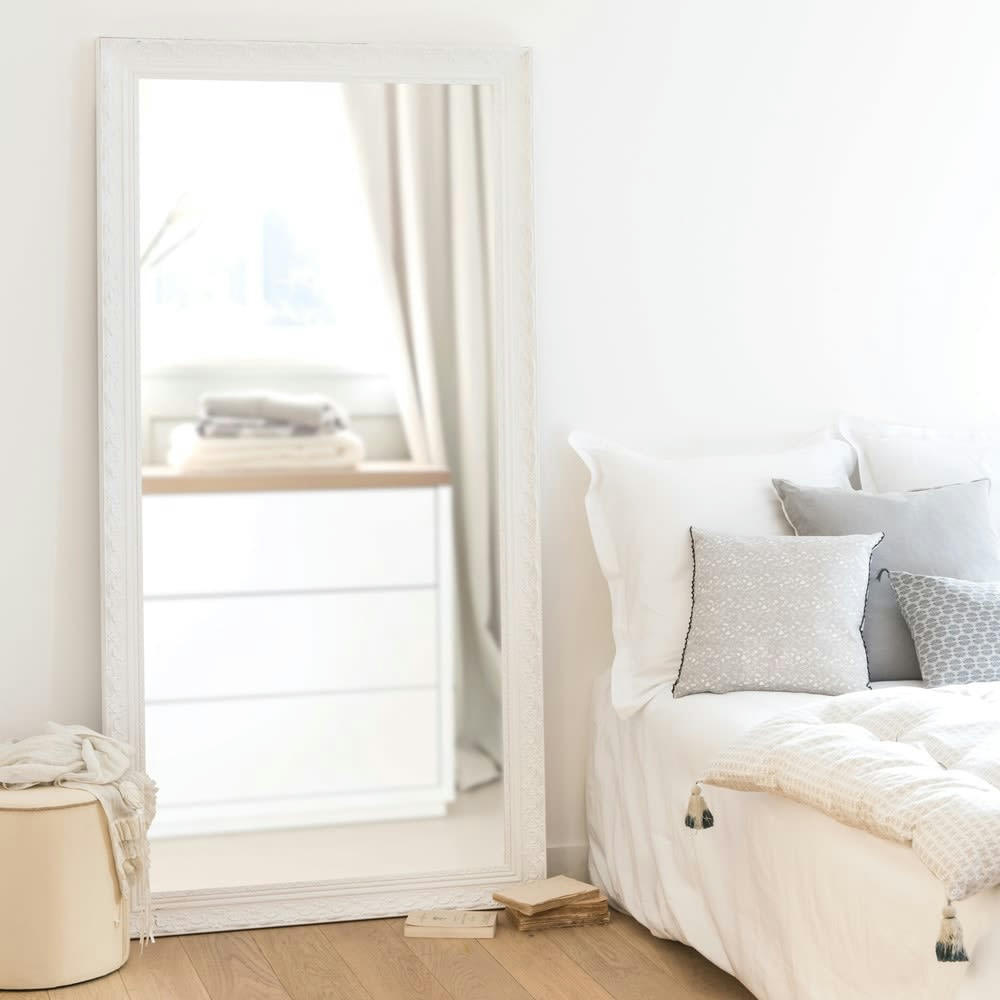 VALENTINE - Grand miroir rectangulaire à moulures en bois de paulownia blanc 90x180