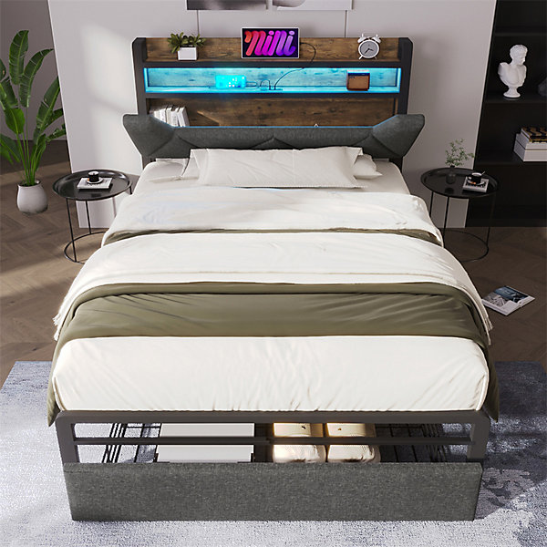 Lit adulte lit 90x200 cm avec cadre métallique lit rembourré avec éclairage led et tiroirs Single lin gris