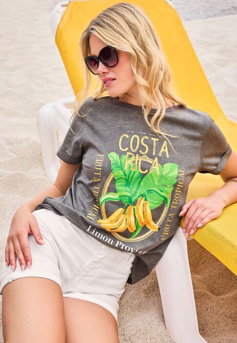 Women Grey Costa Rica Graphic Cotton T-shirt