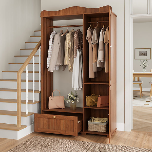 Armoire avec miroir et penderie ouverte, Armoire compacte et pratique avec tiroir et 2 portes, idéale pour la chambre et l'entrée