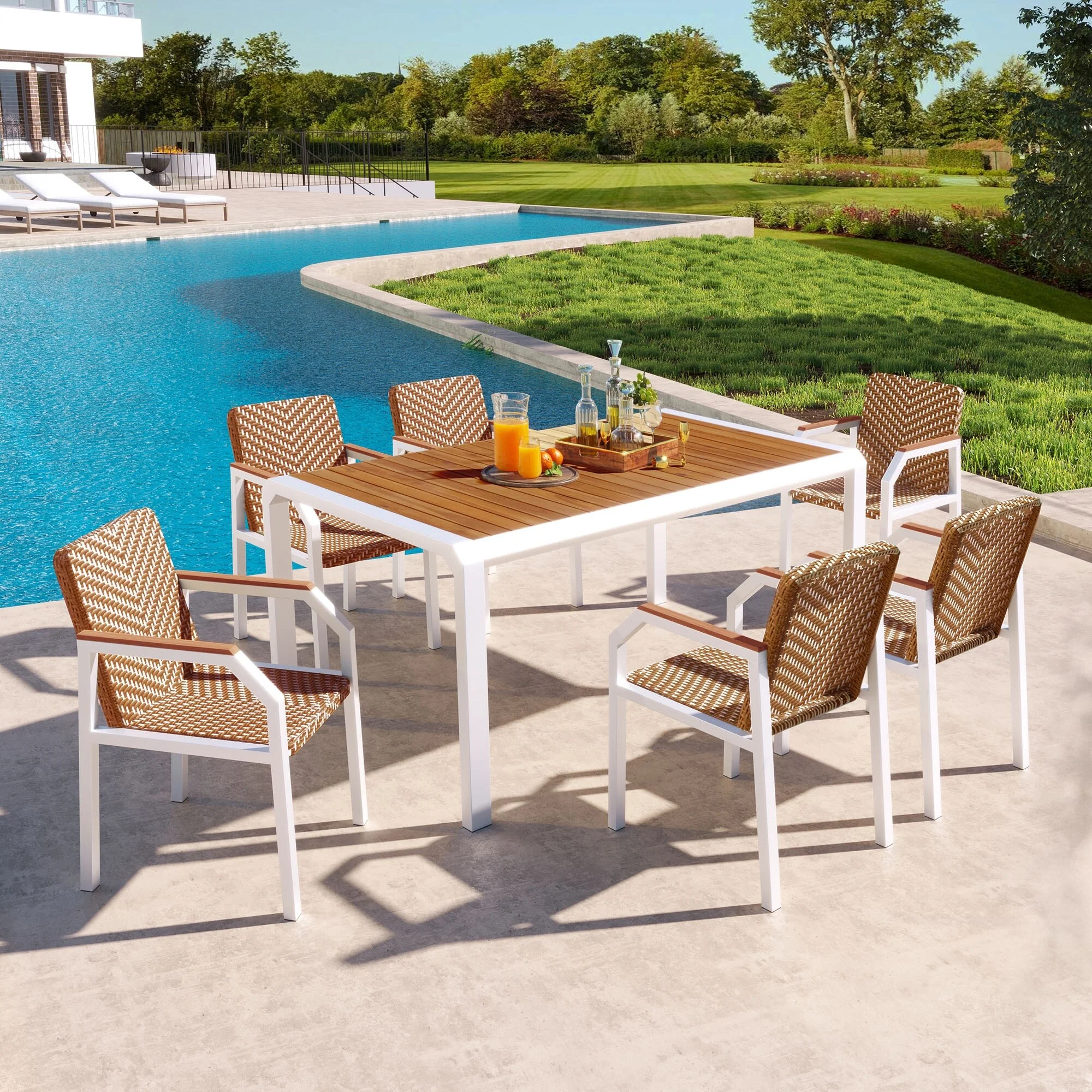 7 Piece Patio Dining Table Set, Outdoor Wicker Furniture Set of 6 Chairs, Two Tone Weave Rattan, Acacia Wood Tabletop, O