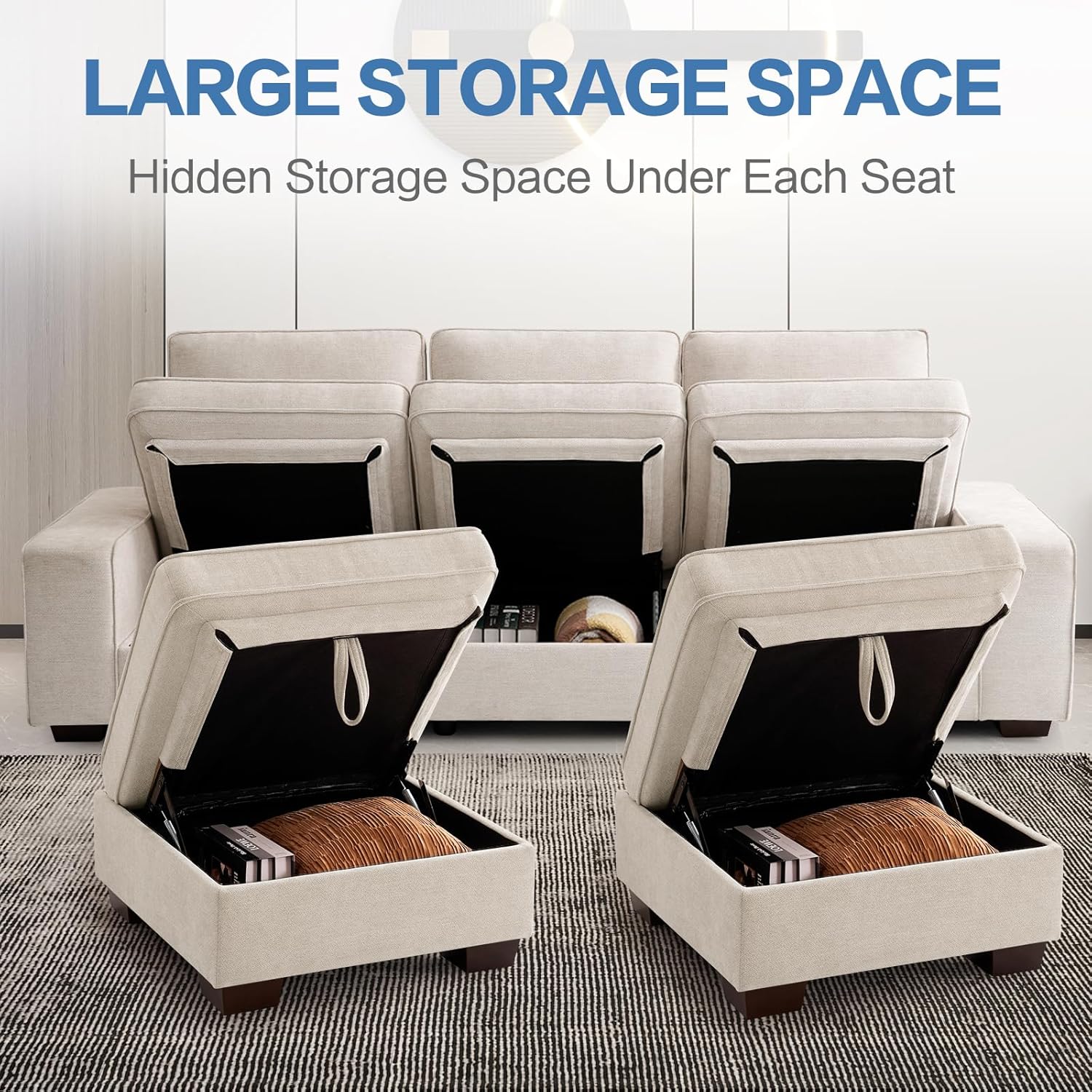TEKAMON 100 Modular Sectional Sofa with Seats Storage, L Shaped Couch with Movable Ottoman for Living Room, Couch with Chaise, Solid Wood Frame, Spring Cushions, USB Port, Removable Covers, Beige | Seats Storage, Movable Ottoman, Flexible ModularSof