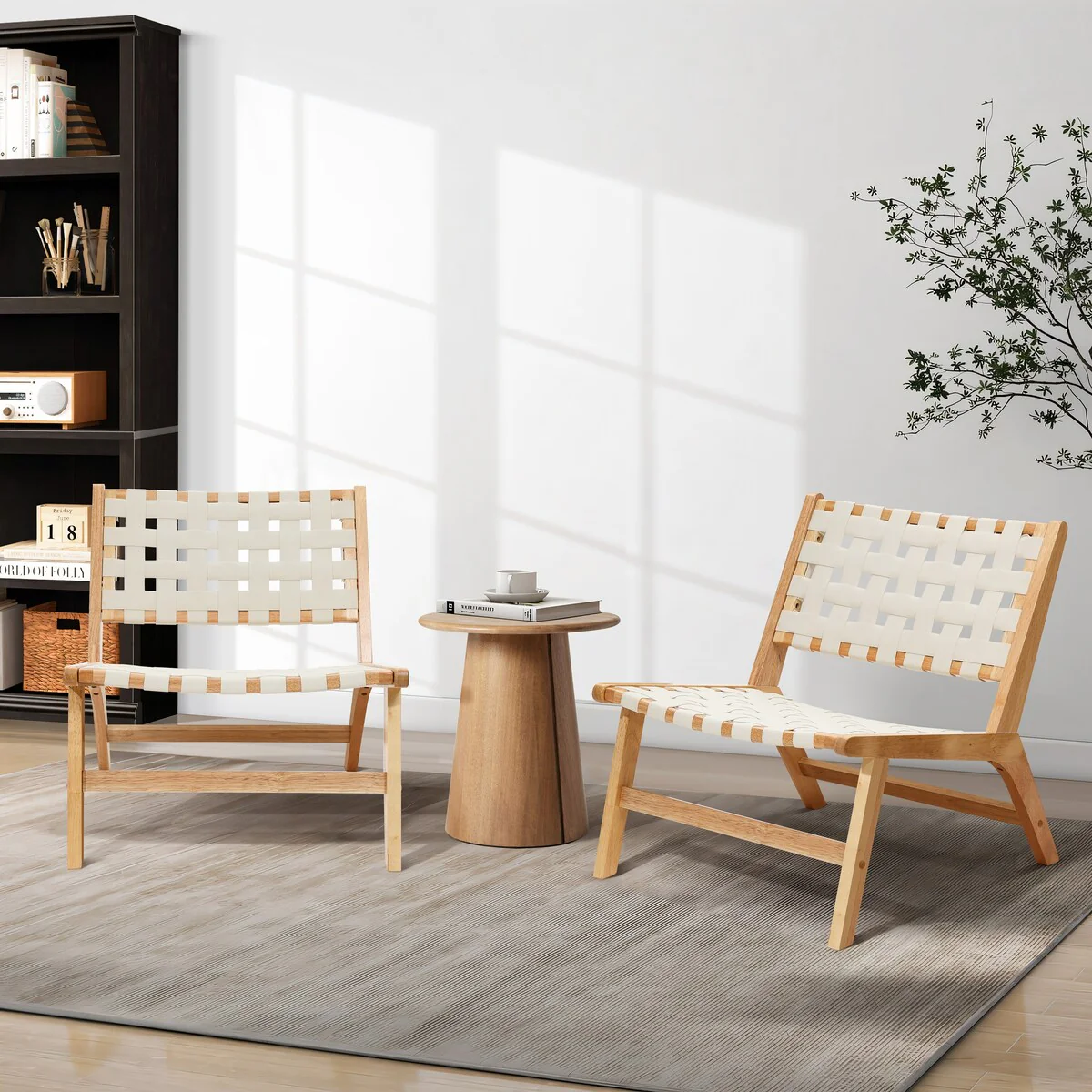 Natural Rubberwood with White PU Leather Low Profile Armless Accent Chair, Set of 2 - 28.5 H x 26.3 W x 26.5 D