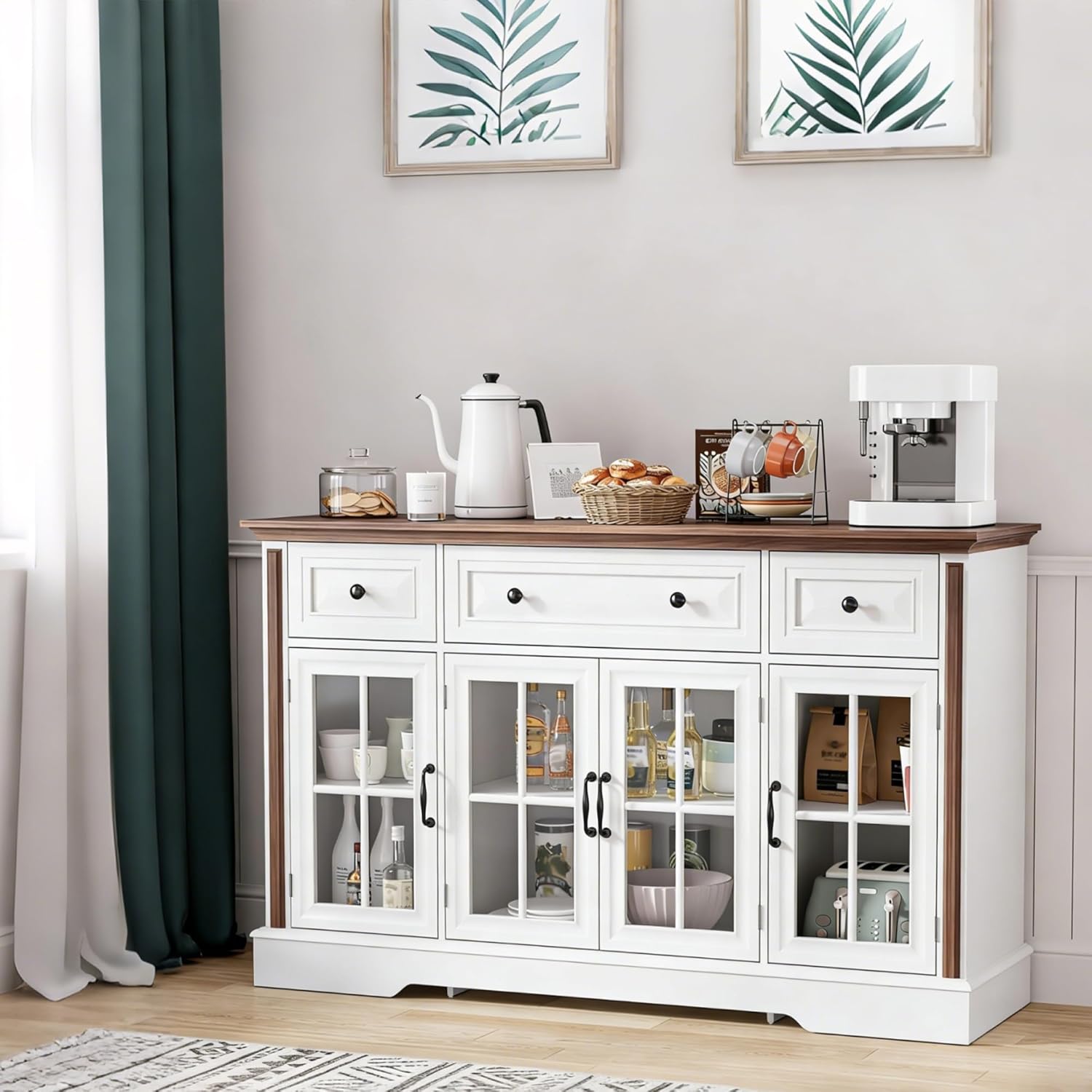 Sideboard Buffet Cabinet with Storage and Glass Doors,4-Door Cabinet with 3 Drawers,53.5 Farmhouse Modern Sideboard with Adjustable Shelves,Coffee Bar Cabinet for Kitchen & Dining Room,White