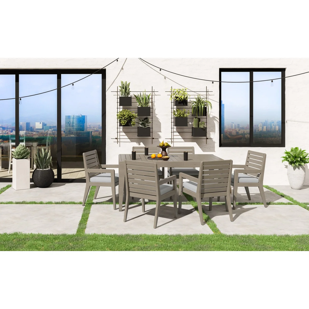 Homestyles 7-Piece Sustain Gray Wood Outdoor Dining Table and Six Armchairs Set