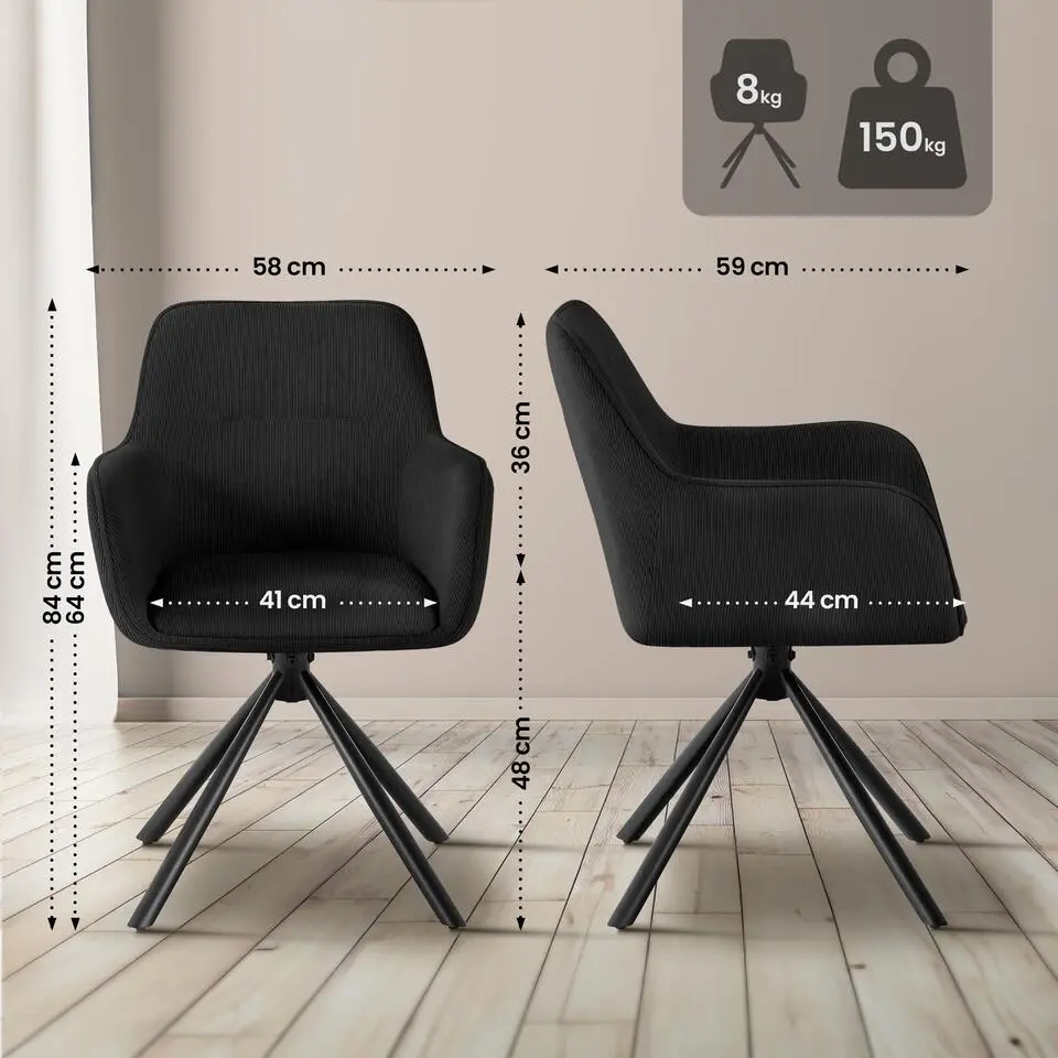 CLP Eetkamerstoel Tipton zwart Frame - Ribstof - zwart