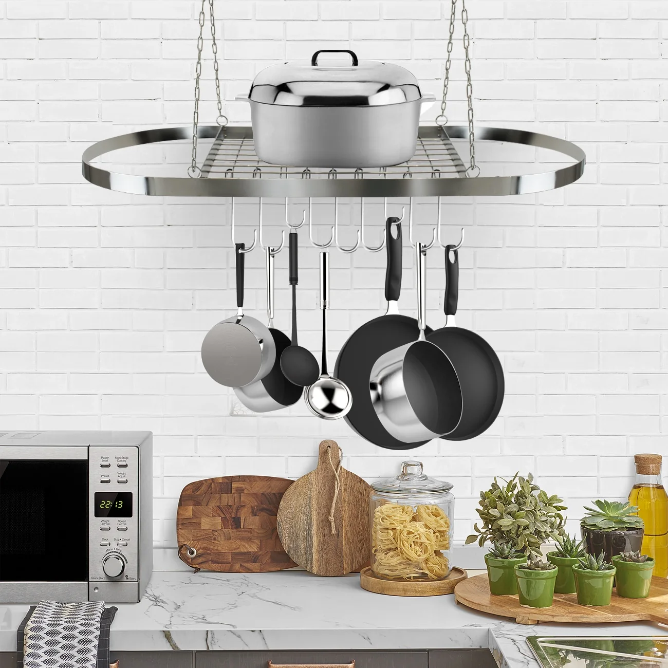 Ceiling mounted Pot Rack with Hooks - Chrome