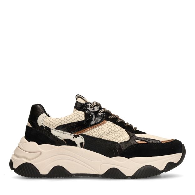 Zwarte leren cow print sneakers