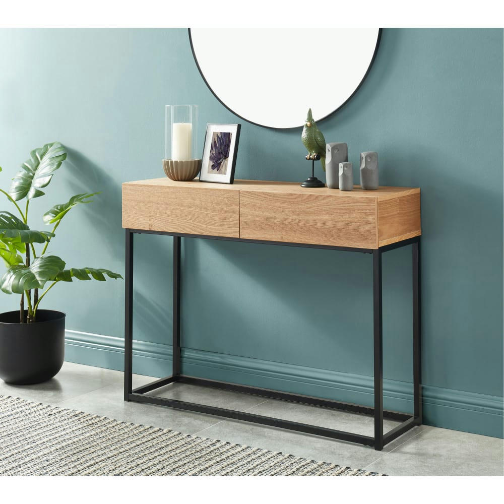 IVICA - Console 2 tiroirs en métal noir et bois clair