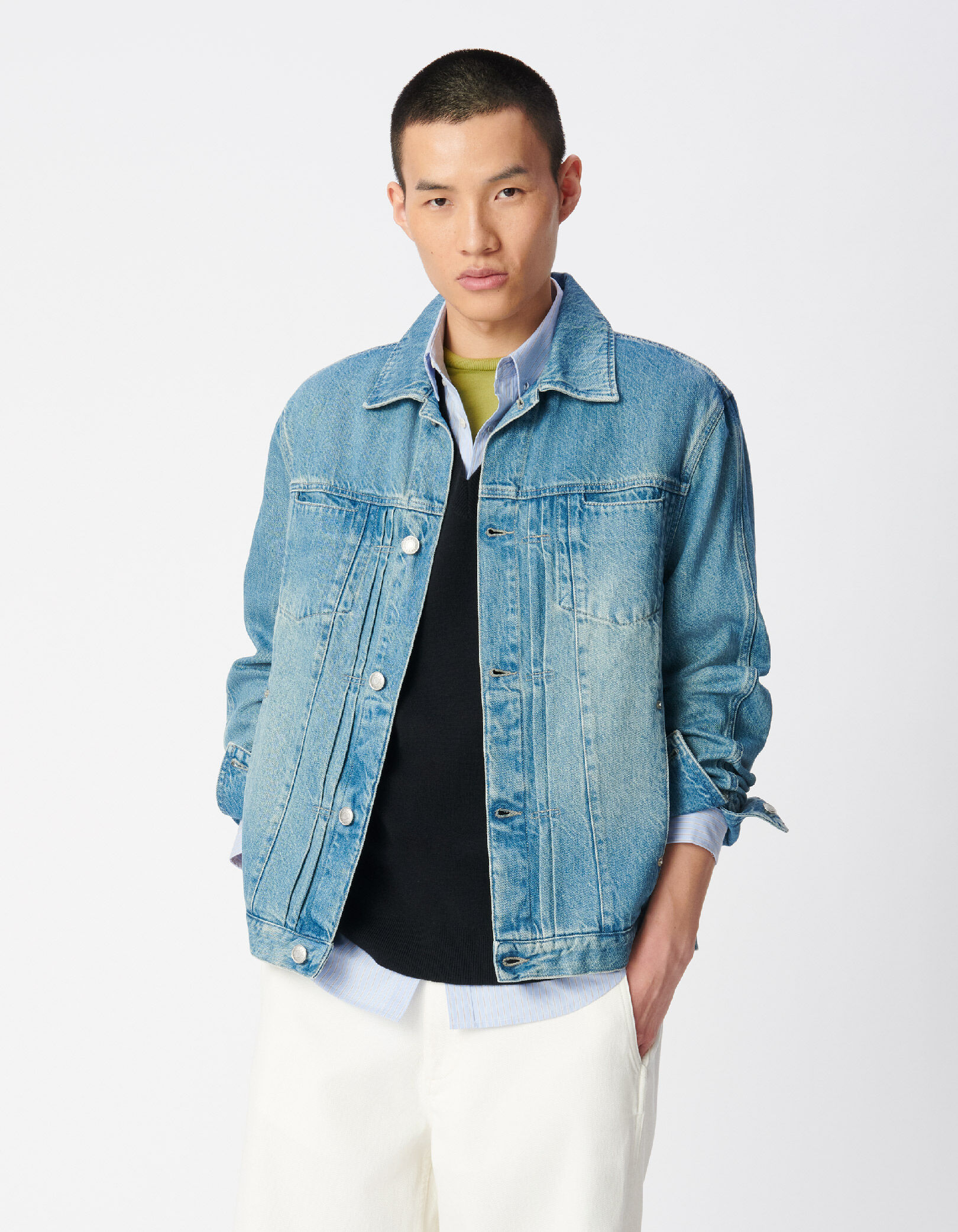 Veste en jean bleu détails plis Homme