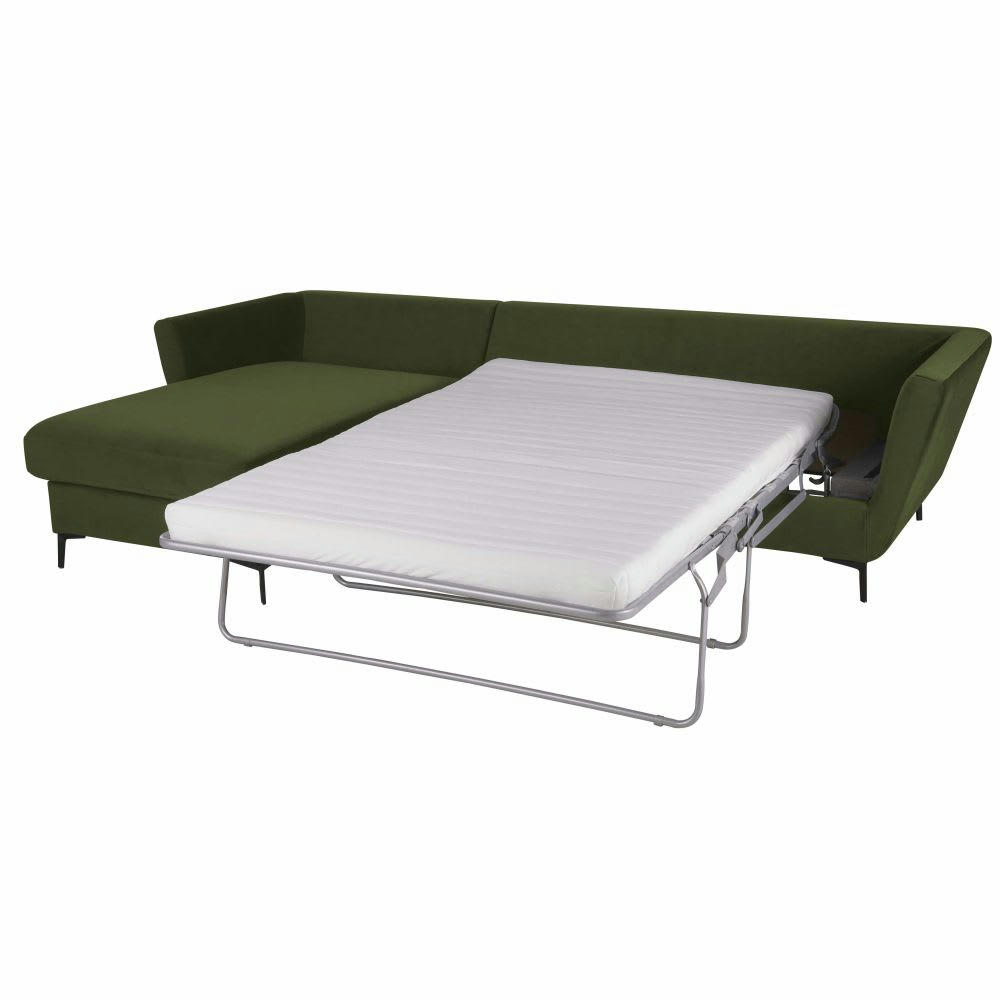Prague - Canapé d'angle gauche convertible 2/3 places en velours vert mousse, matelas 10 cm