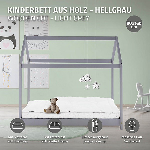 Lit d'enfant ML-Design 90x200 cm gris clair bois de pin massif style maison avec sommier et matelas