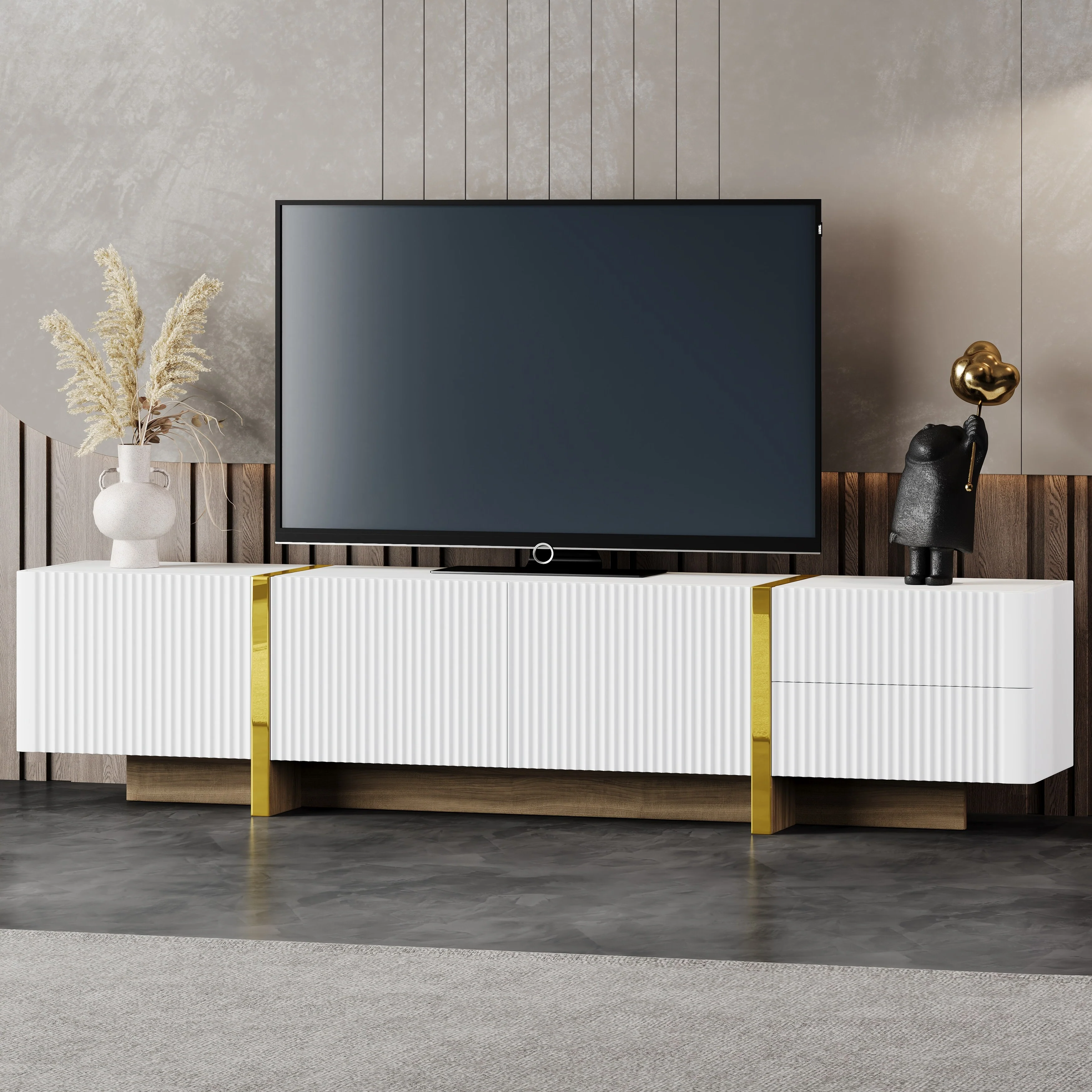 TV Stand for TVs Up to 80, Storage Entertainment Center with 2 Cabinets & 2 Drawers, TV Console Table with Golden Legs