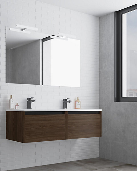 Ensemble de salle de bain meuble suspendu 120cm NICE EDGE bois foncé - Vasque - Miroir - Applique