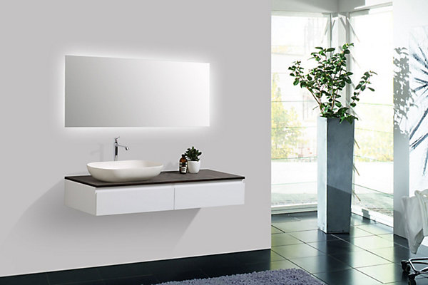 Meuble sous vasque suspendu MDF Blanc mat, plan vasque Chêne, 2 tiroirs, 120x20x47cm - Vision 1200
