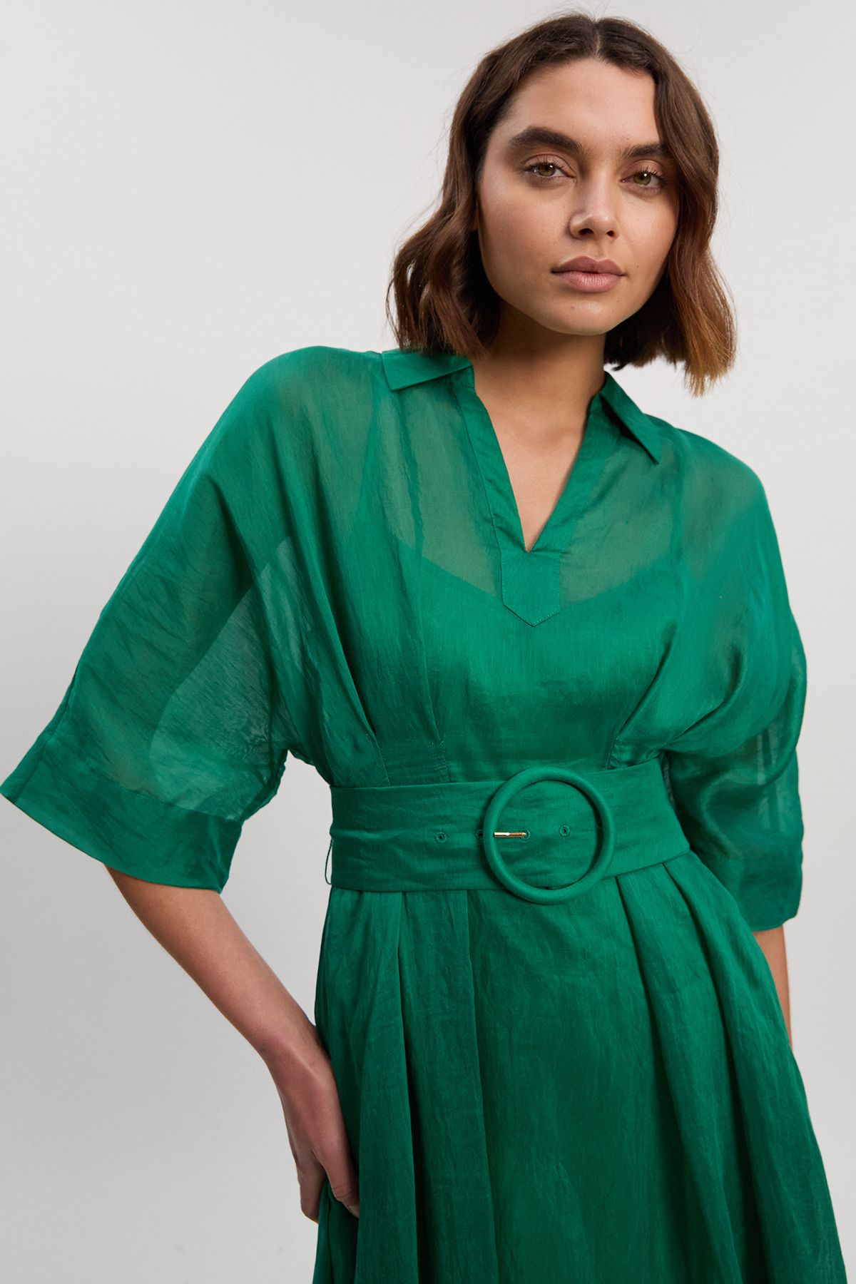 KarenMillen Organdie Plunge Collared Woven Maxi Dress