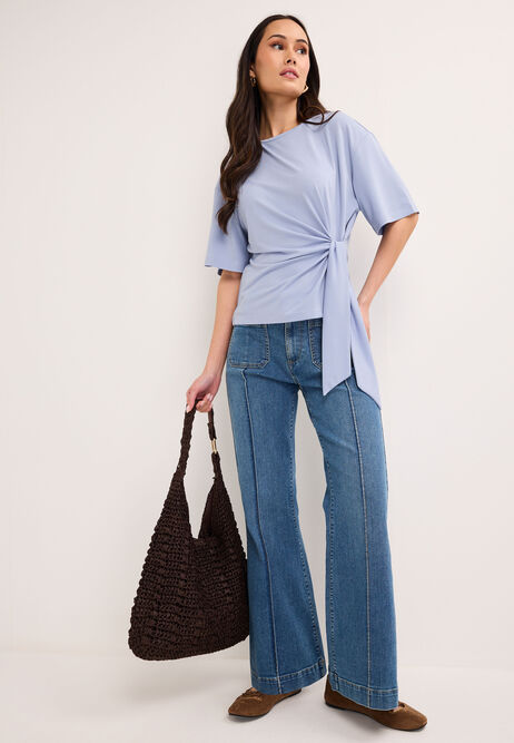 Womens Blue Side Tie Short Sleeved T-Shirt Top