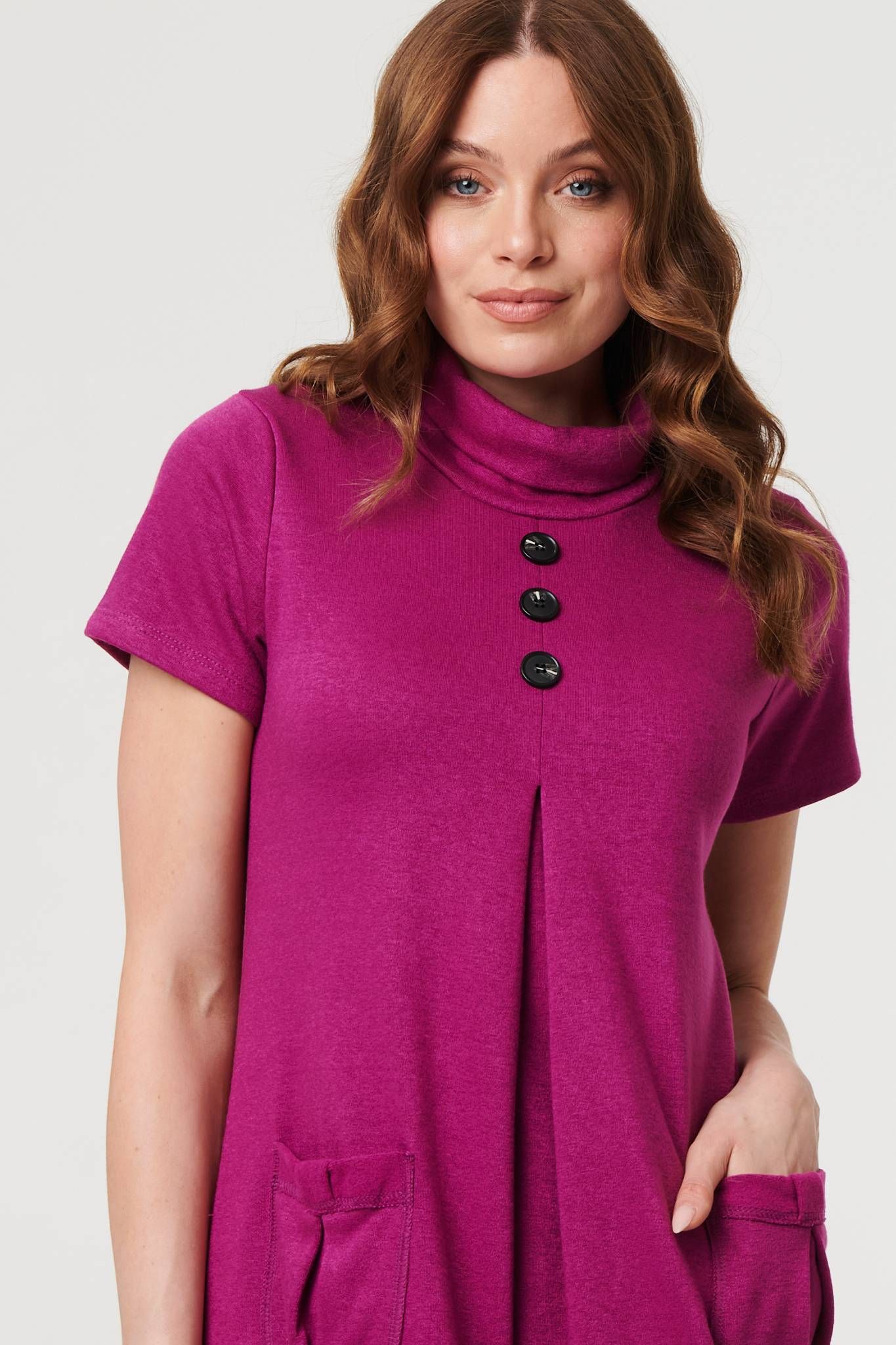 Izabel London Cowl Neck Button Front Short Shift Dress