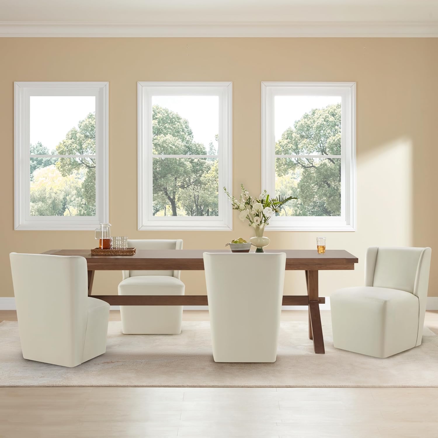 KISLOT Upholstered Dining Chairs Set of 4 with Casters, Wingback Modern Side Armless Deskchair with Rollers for Diningroom Bedroom Livingroom Reading Room, Cream Faux Leather