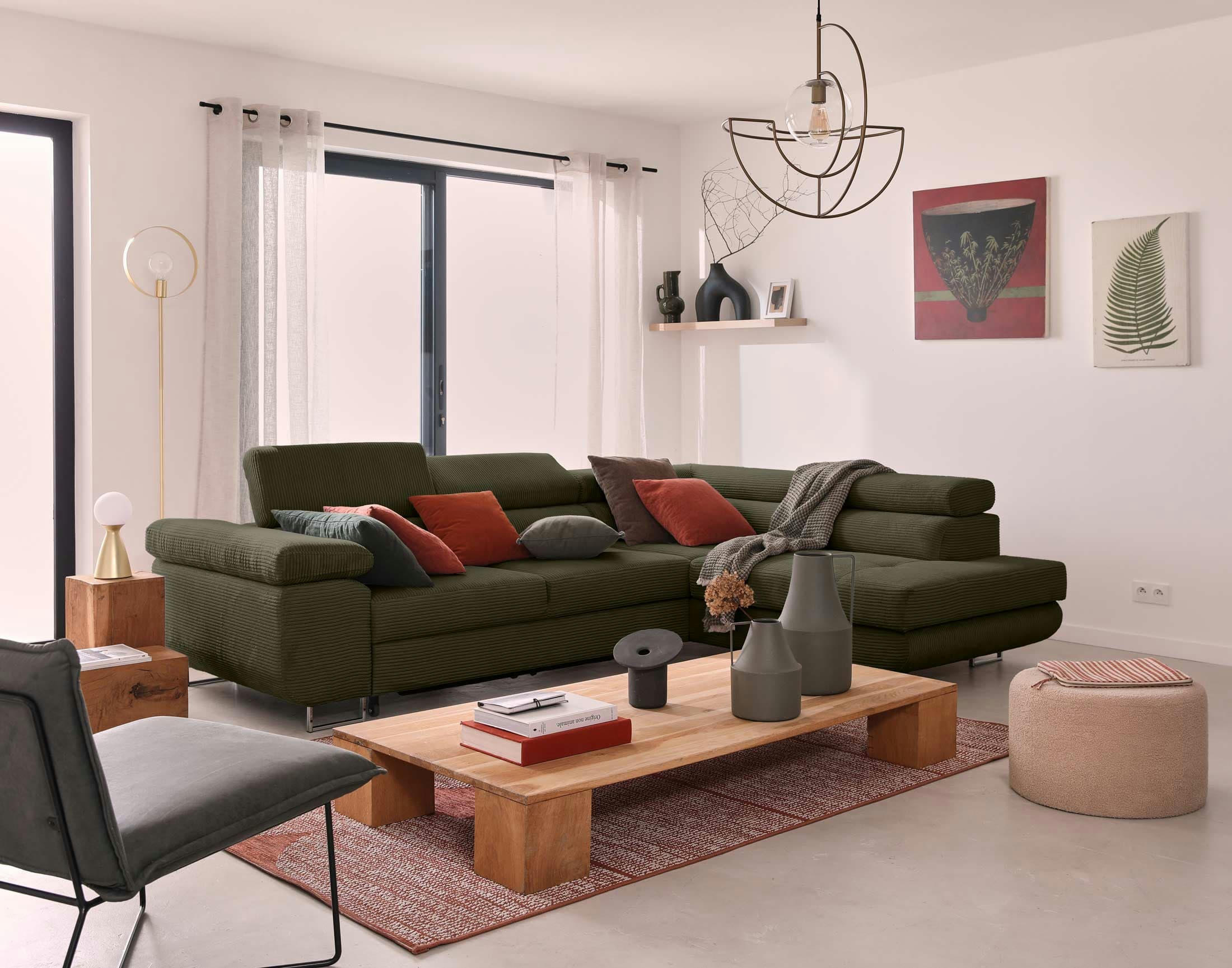 ZARIA - Canapé d'angle droit convertible 5 places en velours côtelé vert