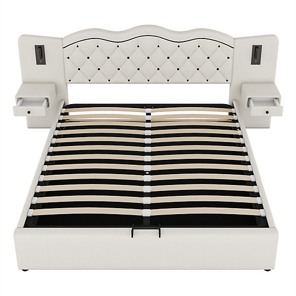 Lit adulte lit 180x200 cm lit rembourré hydraulique avec deux lampes de chevet lit double lin beige