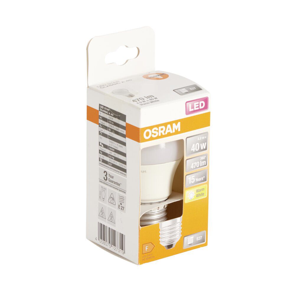 Ampoule LED E27 A60 blanc chaud Osram 4,9W=40W 470lms classe F