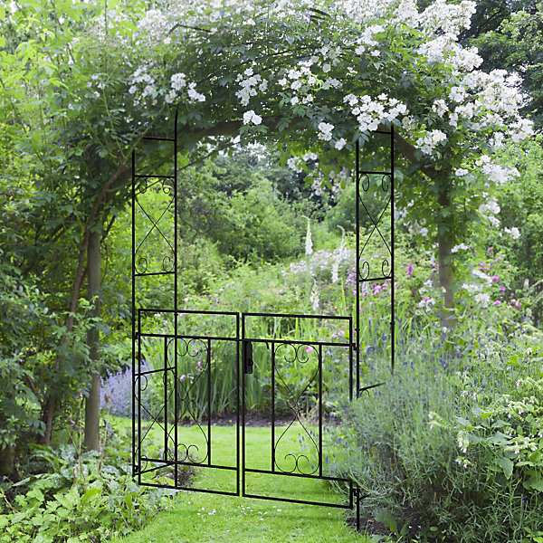 Arche de jardin avec portillon treillis style fer forgé métal époxy noir