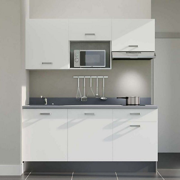 Kitchenette K30 - 180 cm - façades Blanc - Plan monobloc en quartz coloris Cromo évier à gauche - Electroménager Inox