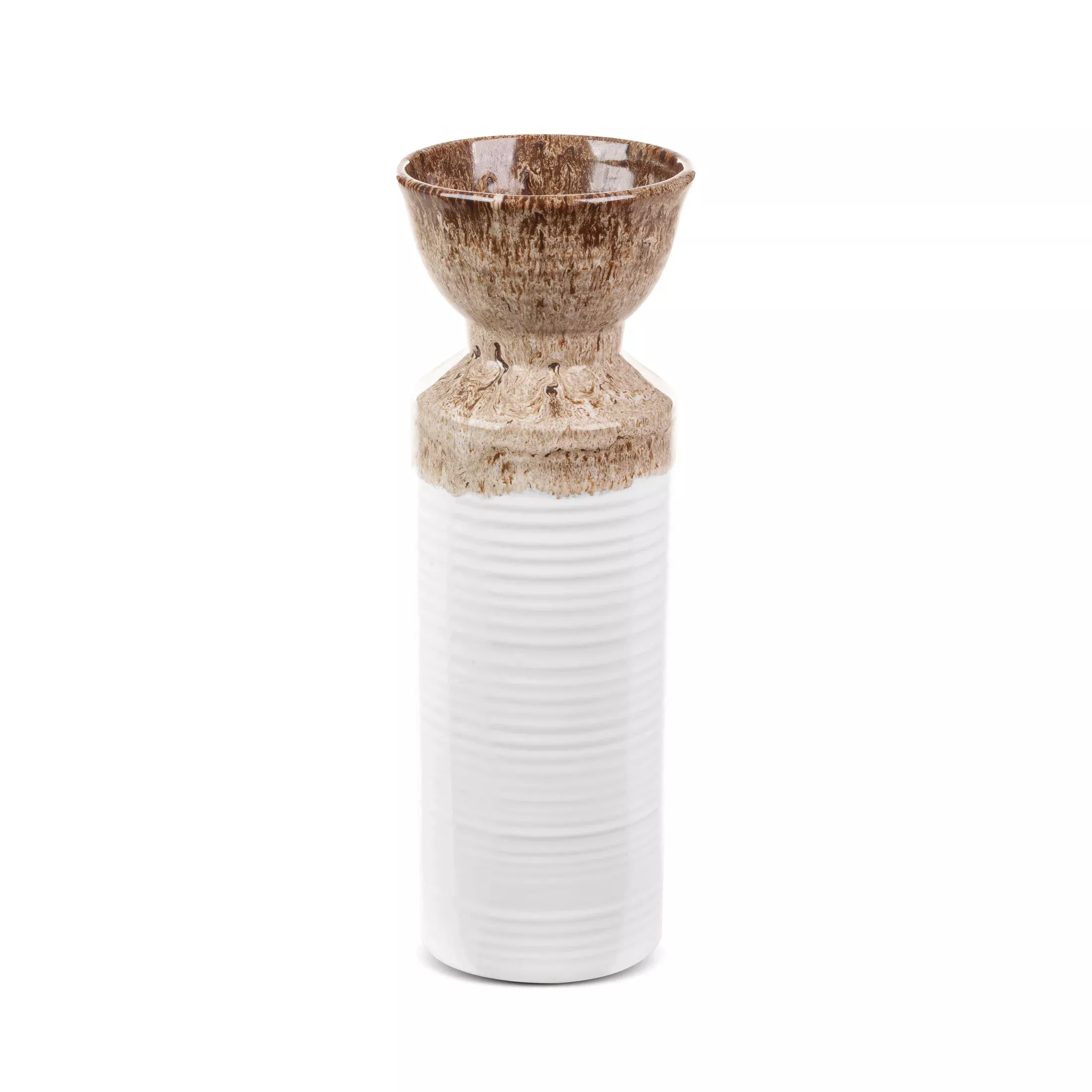 Wazon ceramiczny biało-brązowyz wytłaczanym wzorem średnica 13x35 cm ERINA