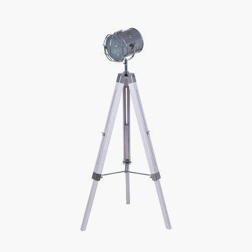 Ruma Tripod Search Light Floor Lamp Silver Metal and White Wash Wood Base