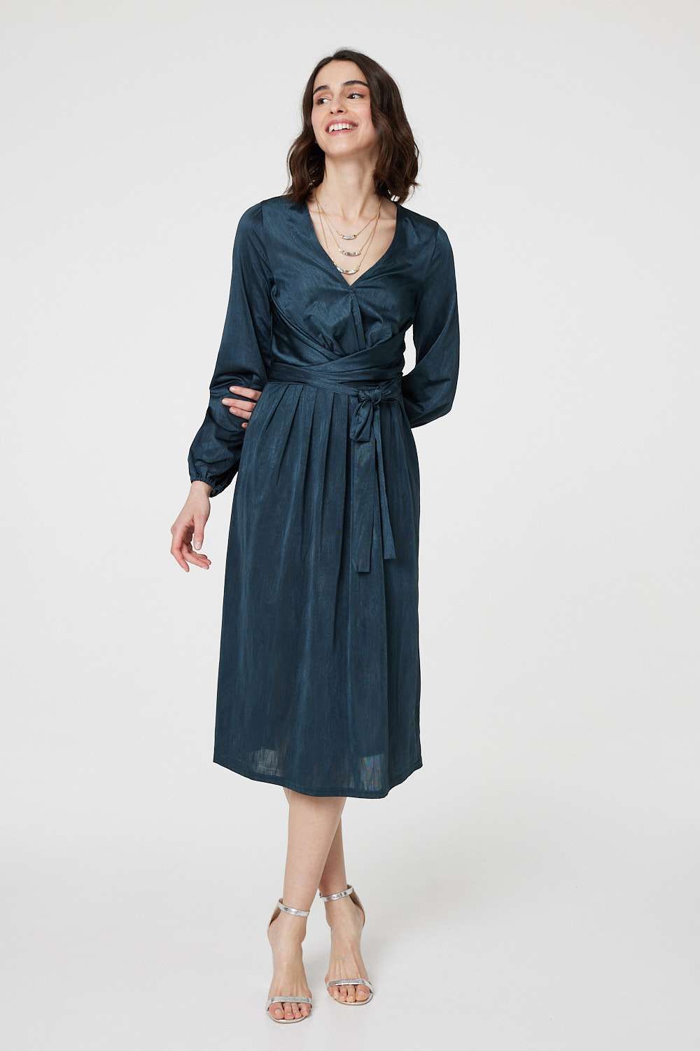 Izabel London Ruched Long Sleeve Midi Wrap Dress