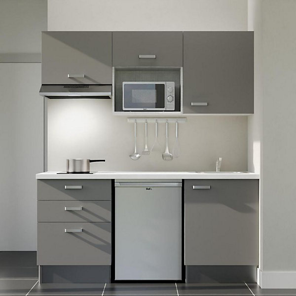 Kitchenette K20 façades Gris - Plan de travail Blanc - Crédences : Non - Evier inox - Electroménager Inox inclus