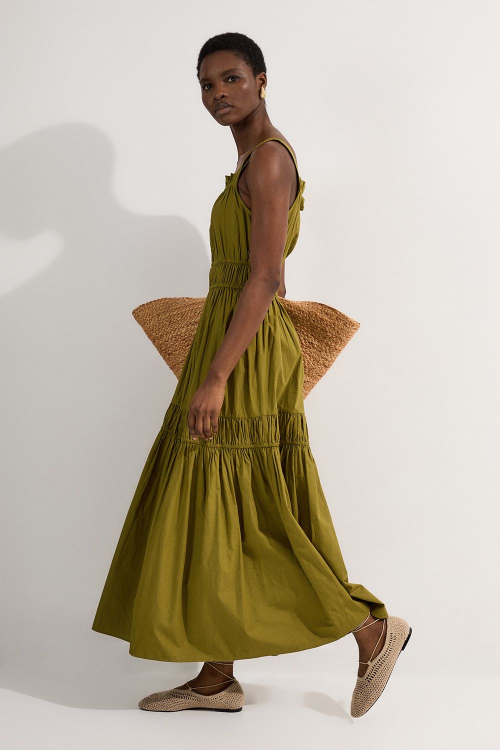 KarenMillen Shirred Cotton Tiered Woven Strappy Maxi Dress