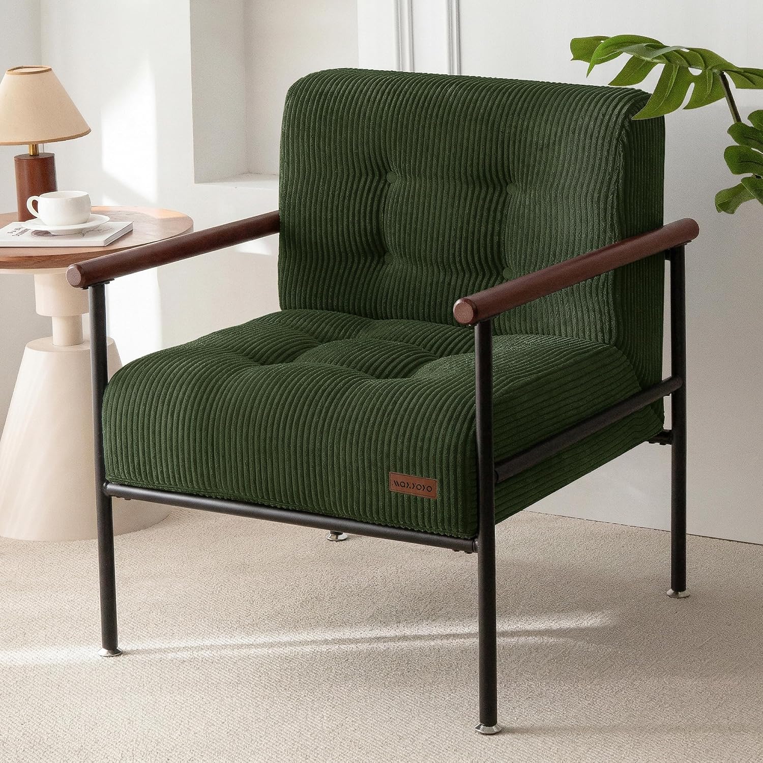 MAXYOYO Living Room Accent Chair, Modern Chair with Sturdy Metal Frame & Wood Armrests, Upholstered Reading Chair with Upholstered Cushion for Bedroom Balcony Porch, Dark Green