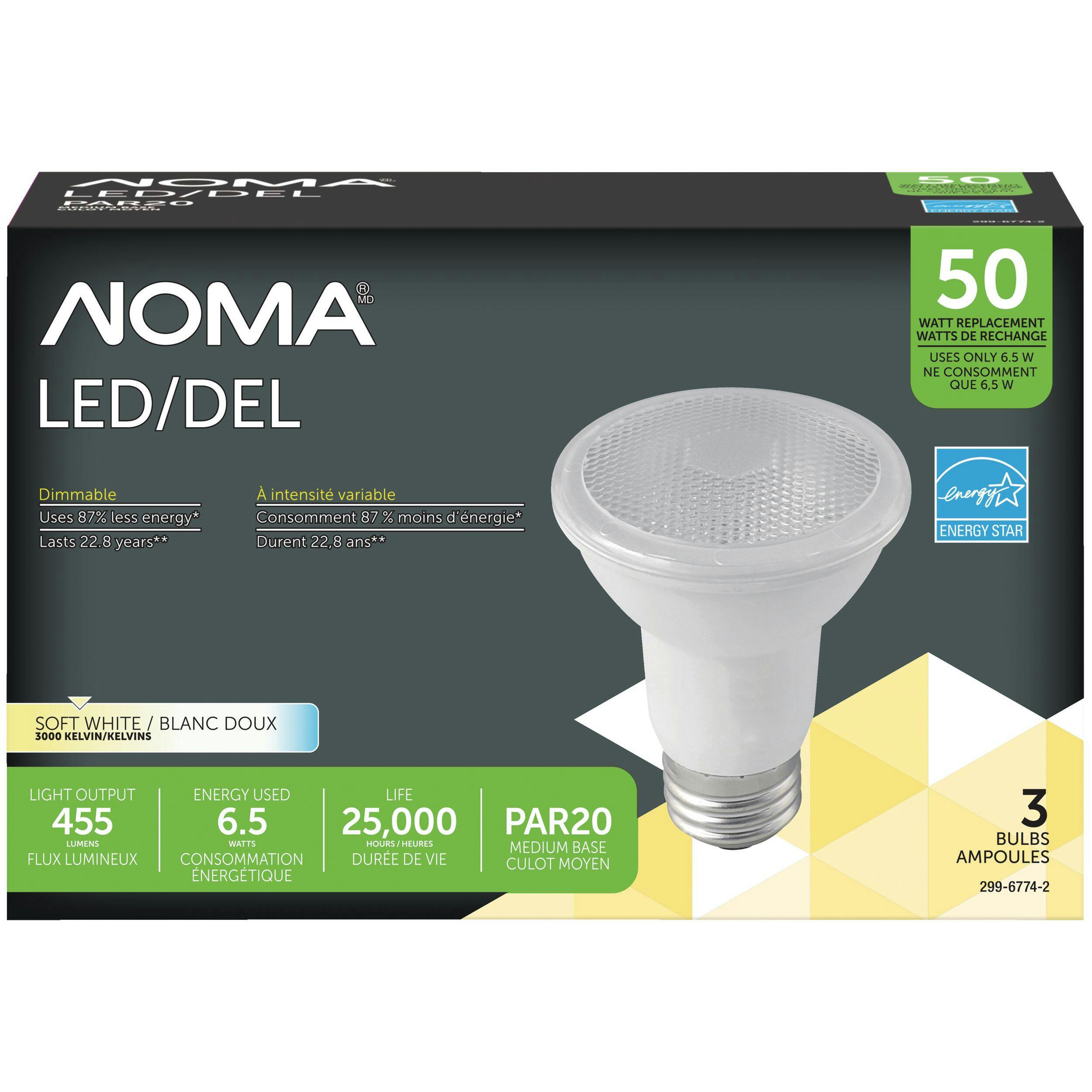 NOMA PAR20 E26 Base Dimmable LED Flood Light Bulbs, 3000K, 500 Lumens, Soft White, 50W, 3-pk