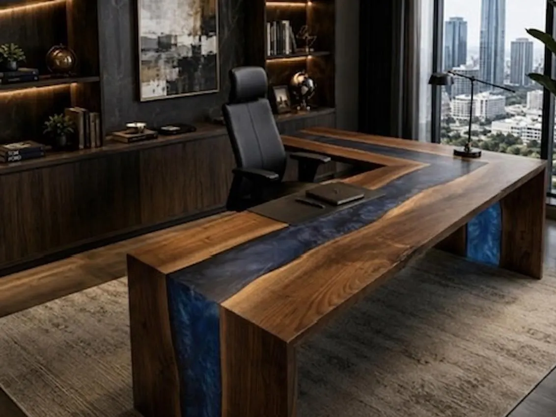 Custom Live Edge Walnut Resin Desk – L-Shaped Executive Office Table