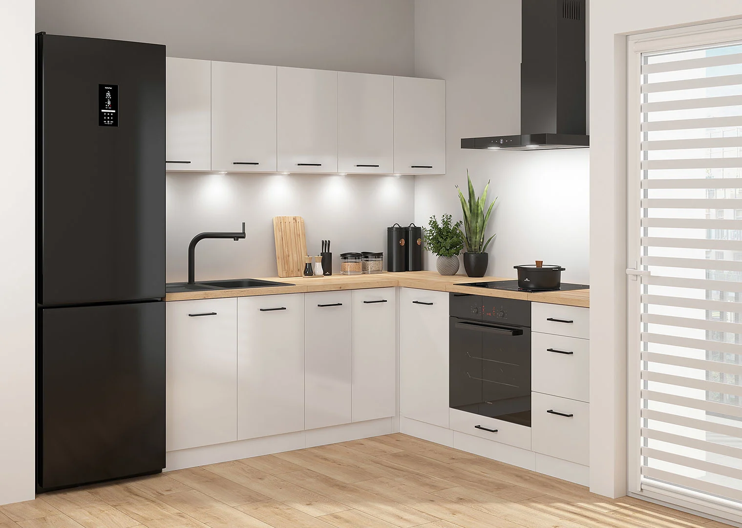 Komplet kuchenny narożny Junona Line 200x200 kredowy połysk bez blatu