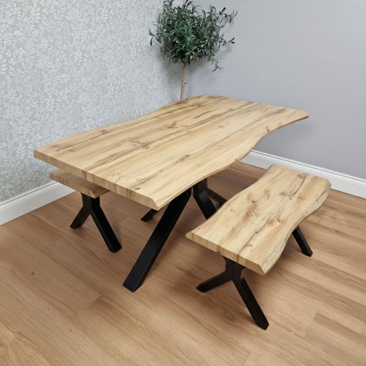KOSY KOALA Wooden Dining Table with Benche and 2 Black Velvet Chairs, Stylish Dining Room Furniture