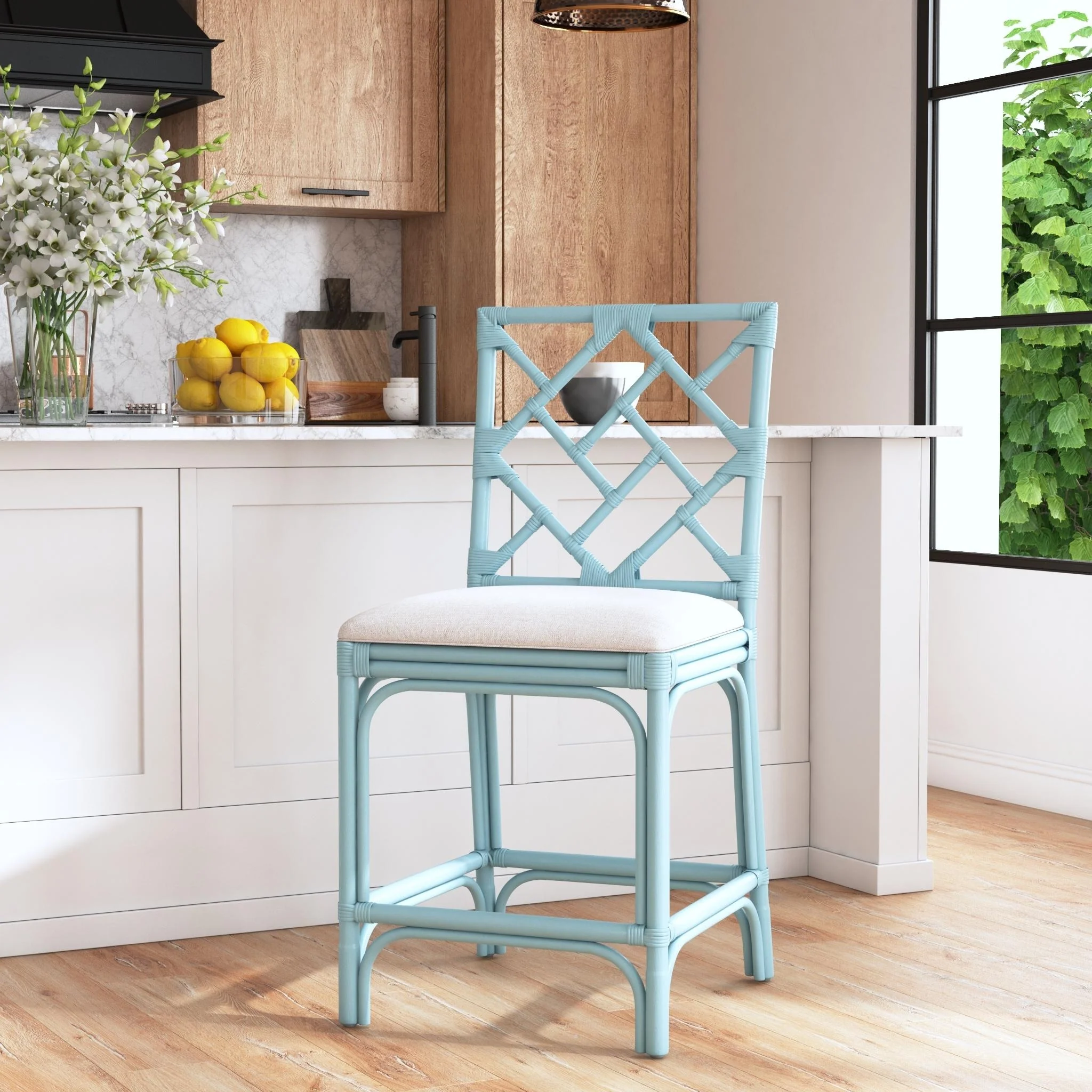 Natural Rattan Handmade Chippendale Cushioned Bar Stool by East at Main