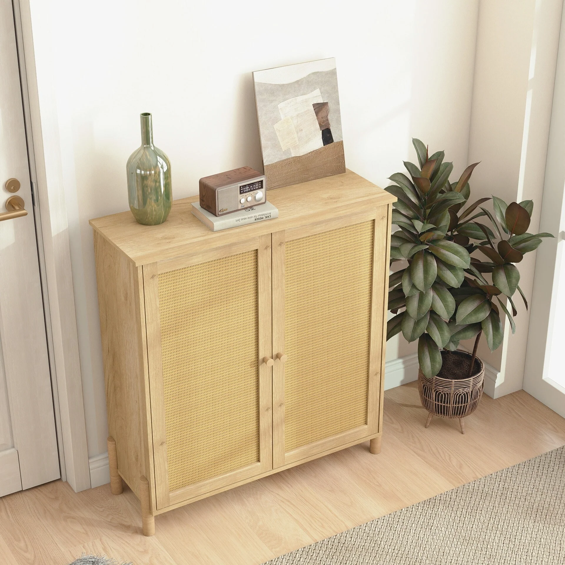 Mid-Century Modern Storage Cabinet with Woven Rattan Doors & Adjustable Shelves - Perfect