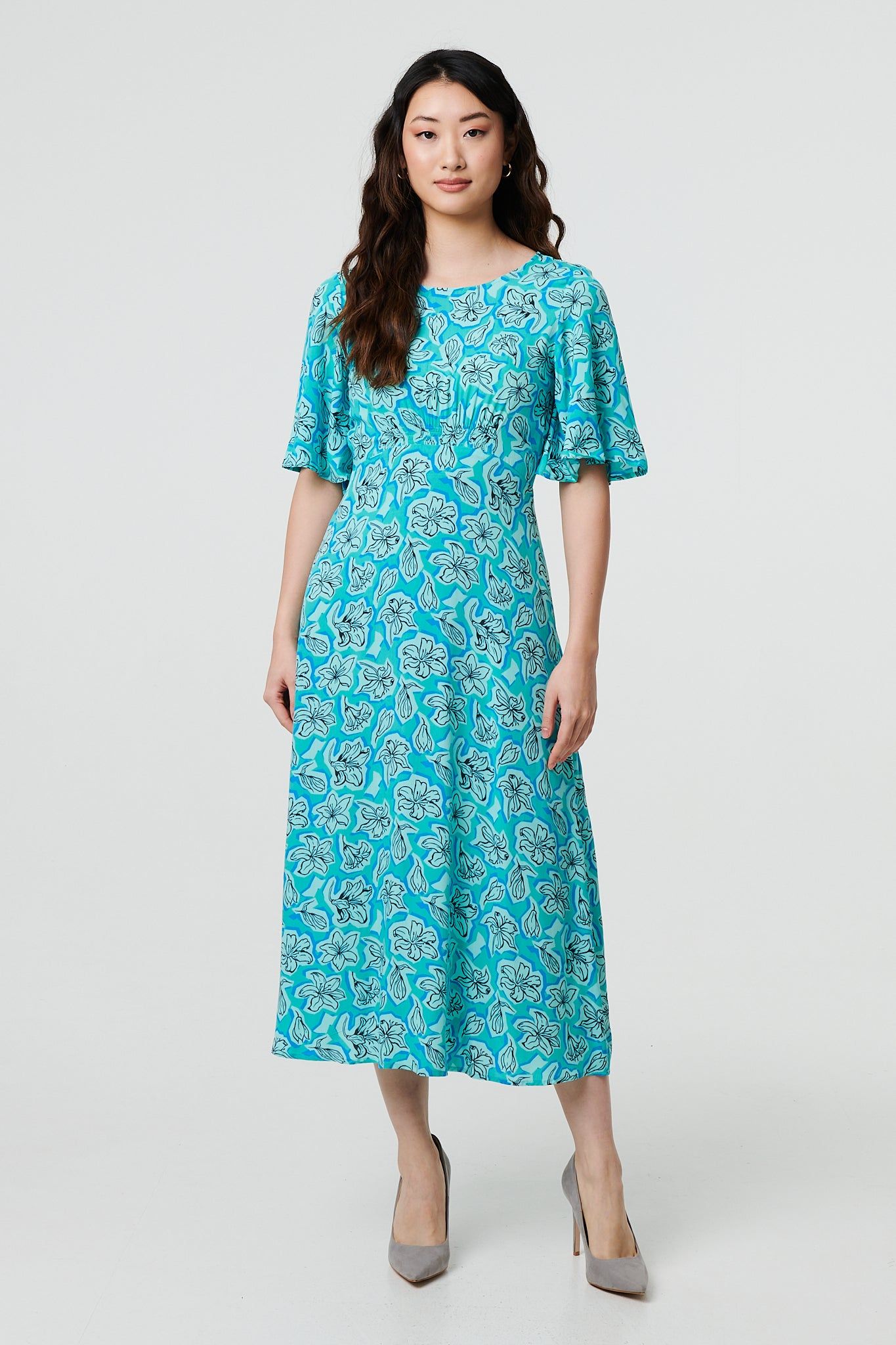 Izabel London Floral 1/2 Flare Sleeve Midi Dress