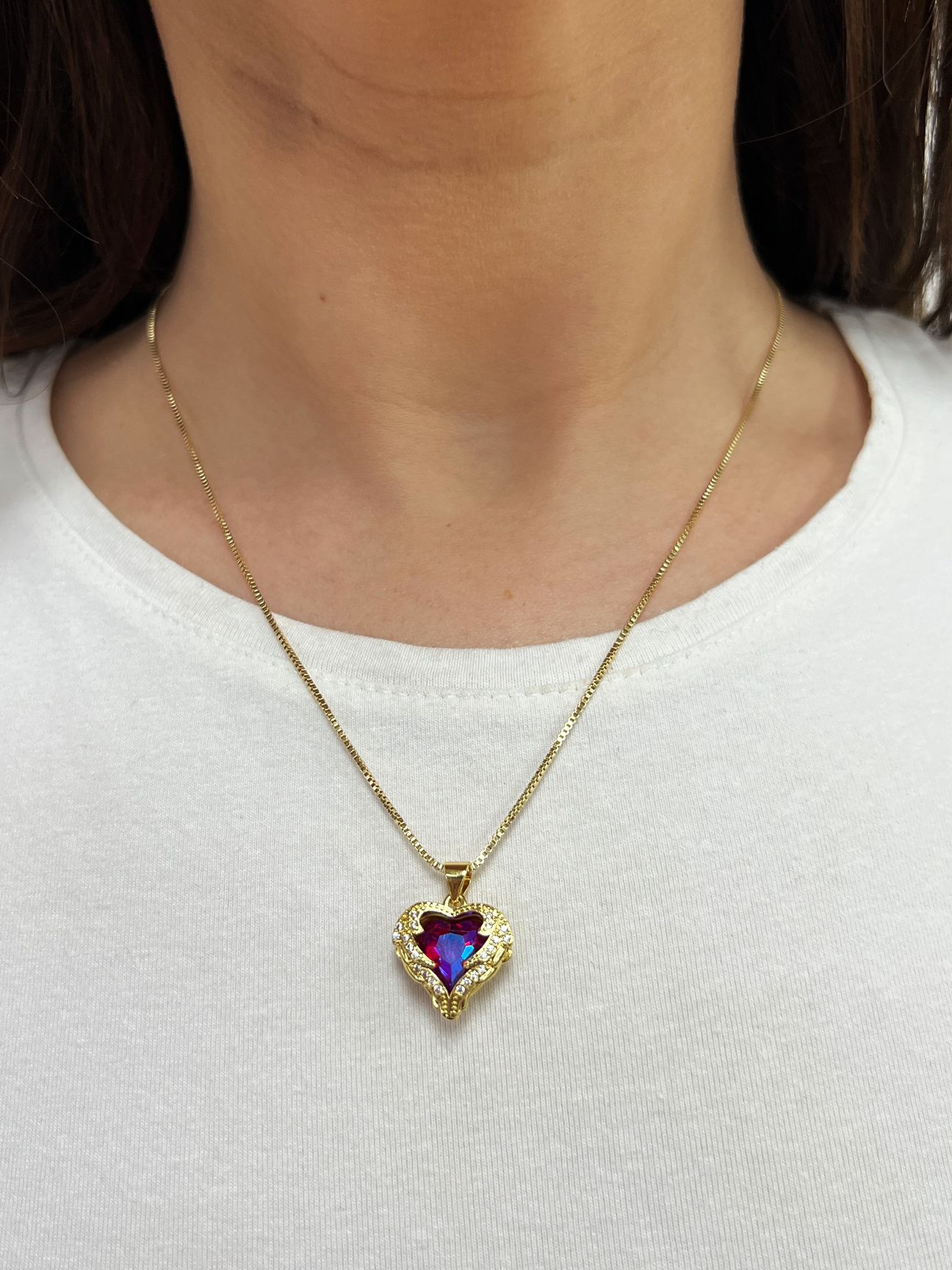 SVNX Pink Stone Heart Necklace In a Diamante Setting